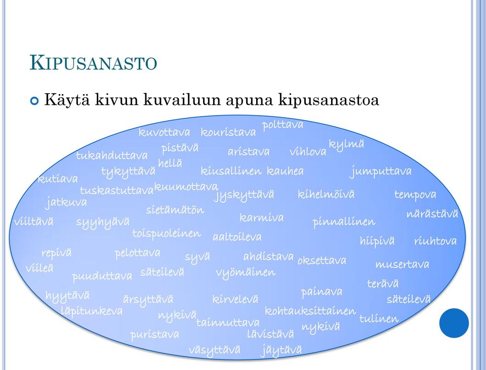 nykivä tempova riuhtova oksettava väsyttävä polttava tulinen viileä kylmä hyytävä kutiava syyhyävä kirvelevä hellä aristava kihelmöivä hiipivä