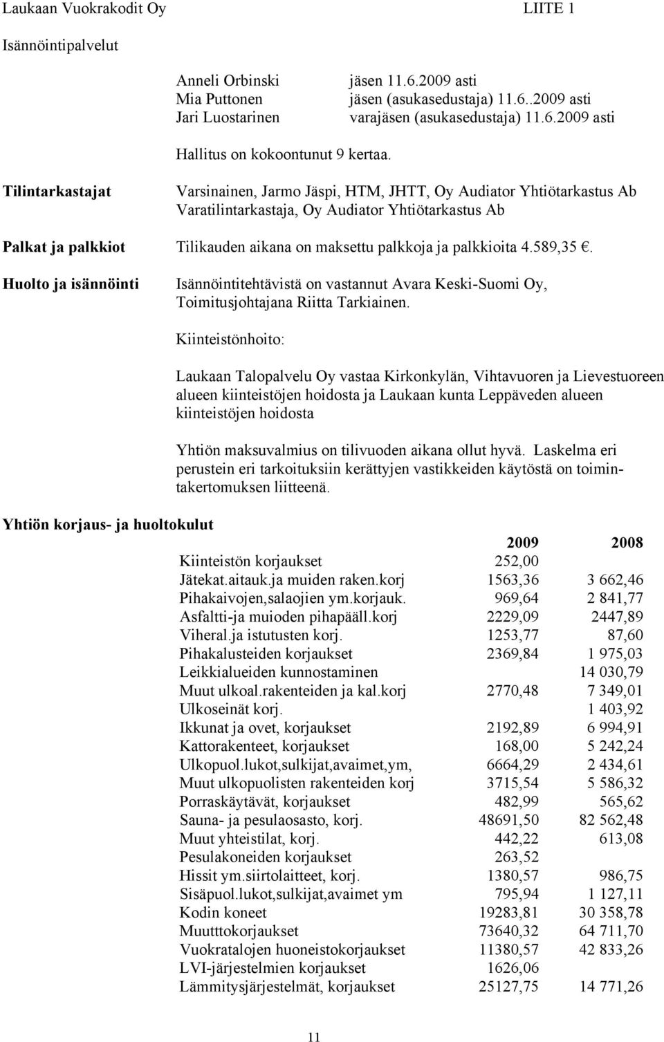 palkkioita 4.589,35. Huolto ja isännöinti Isännöintitehtävistä on vastannut Avara Keski-Suomi Oy, Toimitusjohtajana Riitta Tarkiainen.