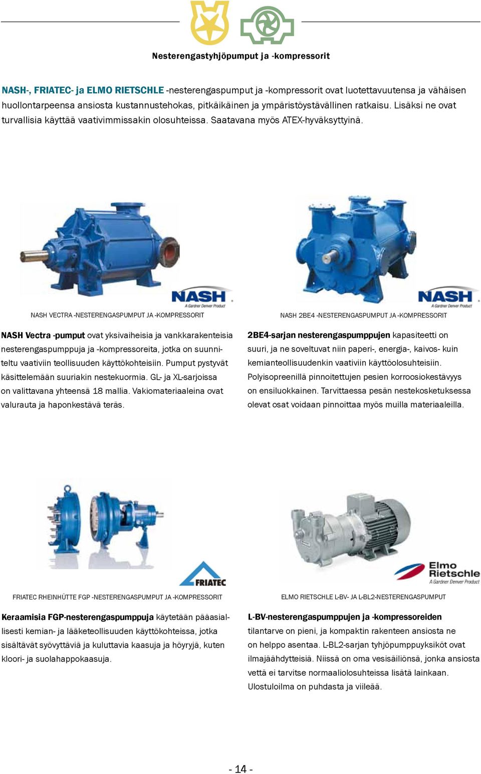 NASH VECTRA -NESTERENGASPUMPUT JA -KOMPRESSORIT NASH Vectra -pumput ovat yksivaiheisia ja vankkarakenteisia nesterengaspumppuja ja -kompressoreita, jotka on suunniteltu vaativiin teollisuuden