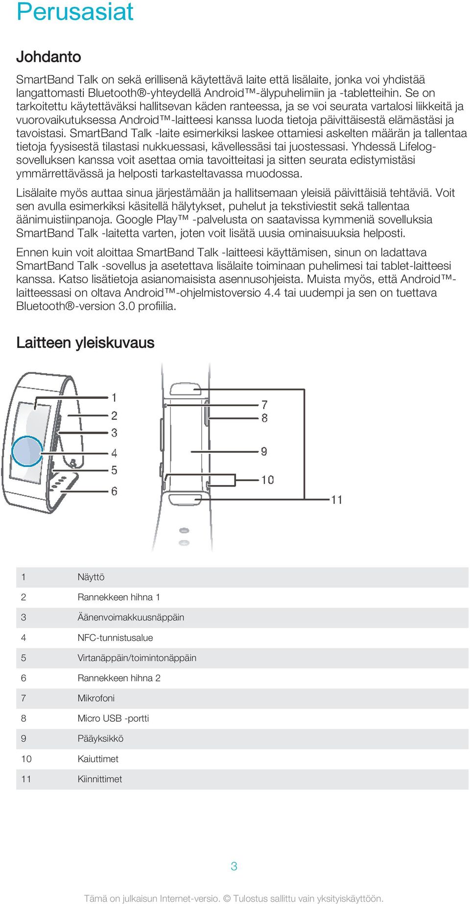 tavoistasi. SmartBand Talk -laite esimerkiksi laskee ottamiesi askelten määrän ja tallentaa tietoja fyysisestä tilastasi nukkuessasi, kävellessäsi tai juostessasi.