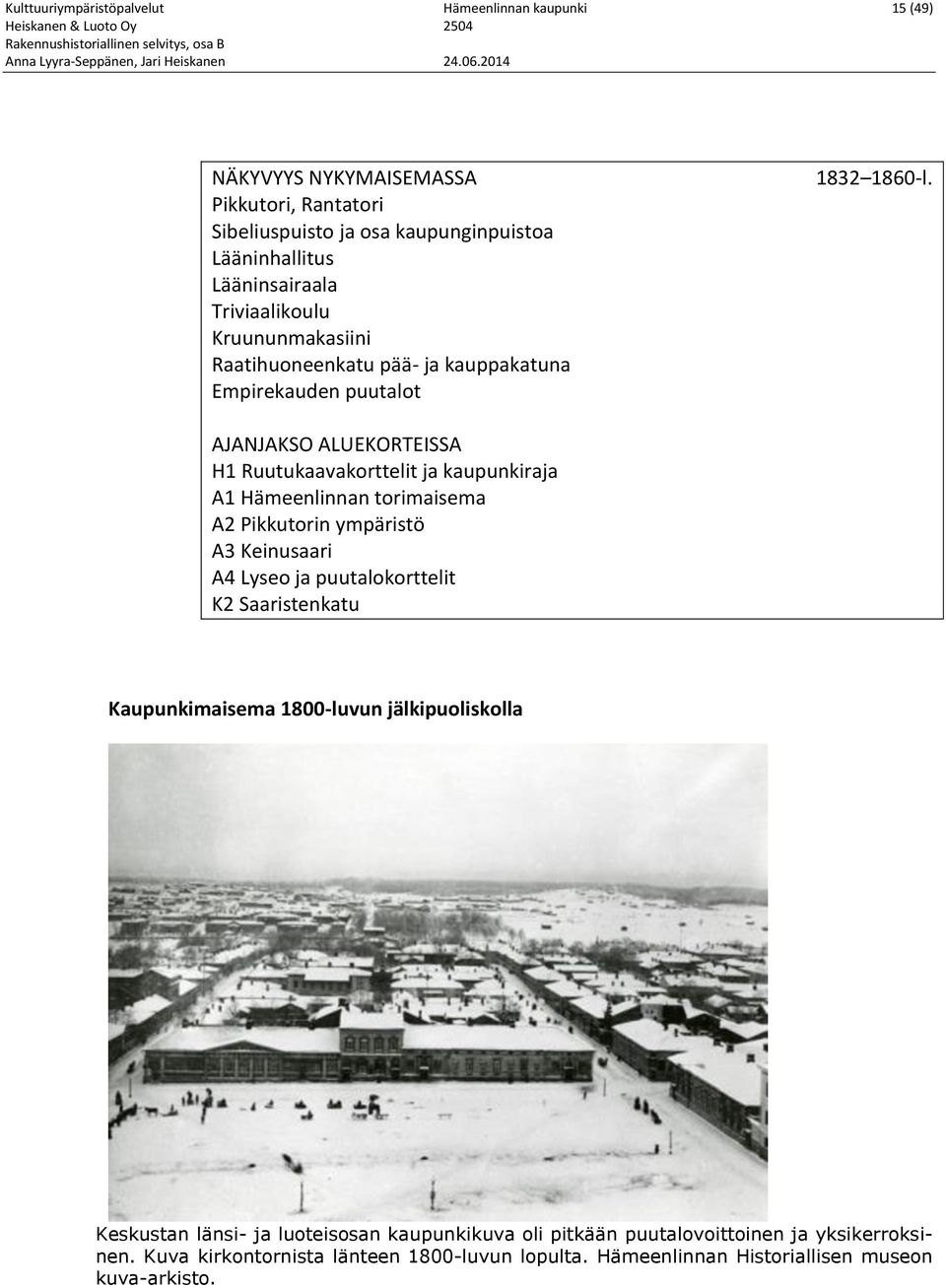 AJANJAKSO ALUEKORTEISSA H1 Ruutukaavakorttelit ja kaupunkiraja A1 Hämeenlinnan torimaisema A2 Pikkutorin ympäristö A3 Keinusaari A4 Lyseo ja puutalokorttelit K2