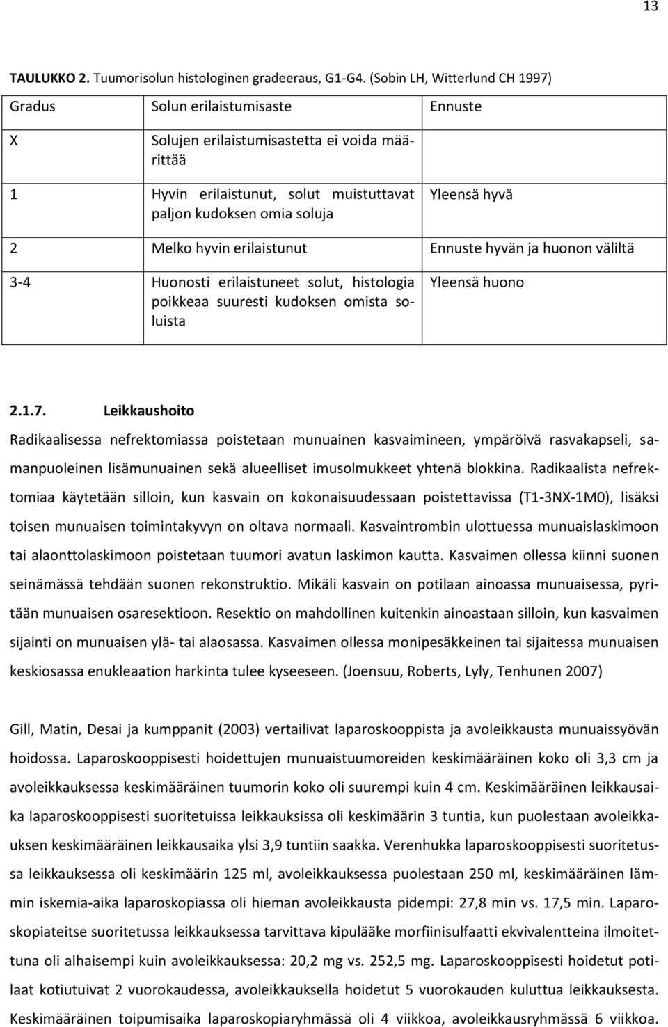 2 Melko hyvin erilaistunut Ennuste hyvän ja huonon väliltä 3-4 Huonosti erilaistuneet solut, histologia poikkeaa suuresti kudoksen omista soluista Yleensä huono 2.1.7.