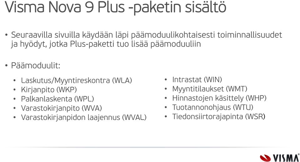 Laskutus/Myyntireskontra (WLA) Kirjanpito (WKP) Palkanlaskenta (WPL) Varastokirjanpito (WVA)