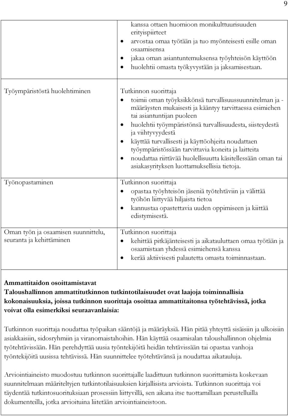 Työympäristöstä huolehtiminen Työnopastaminen Oman työn ja osaamisen suunnittelu, seuranta ja kehittäminen toimii oman työyksikkönsä turvallisuussuunnitelman ja - määräysten mukaisesti ja kääntyy