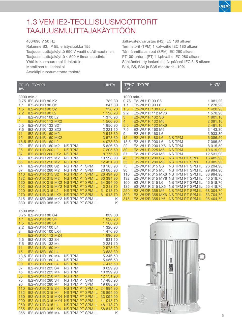 Tärinänmittausnipat (SPM) IEC 280 alkaen PT100-anturit (PT) 1 kpl/vaihe IEC 280 alkaen Sähköeristetty laakeri (IL) N-päässä IEC 315 alkaen B14, B5, B34 ja B35 moottorit +10% TEHO TYYPPI kw HINTA TEHO