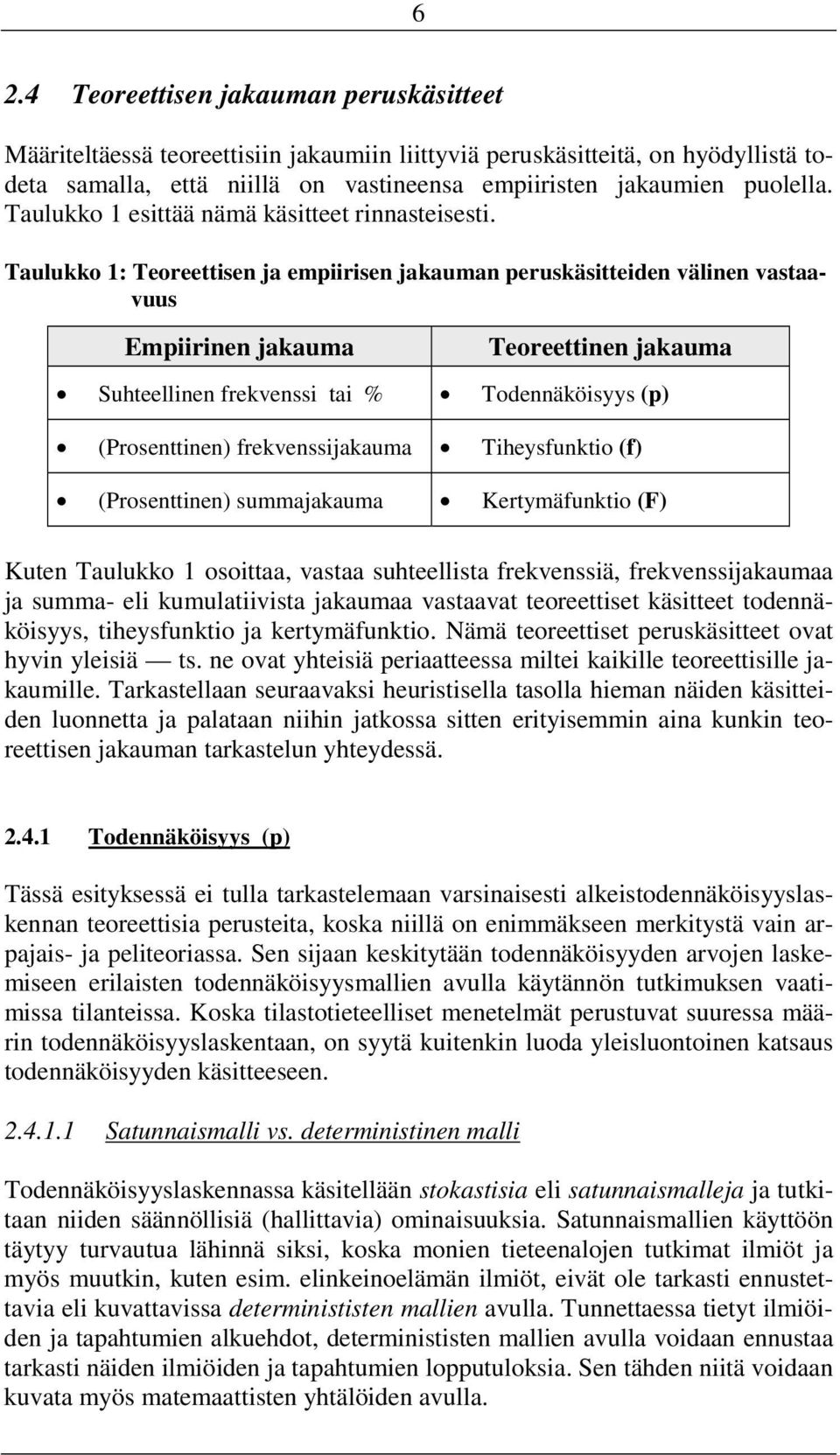 Taulukko 1: Teoreettisen ja empiirisen jakauman peruskäsitteiden välinen vastaavuus Empiirinen jakauma Teoreettinen jakauma Suhteellinen frekvenssi tai % Todennäköisyys (p) (Prosenttinen)