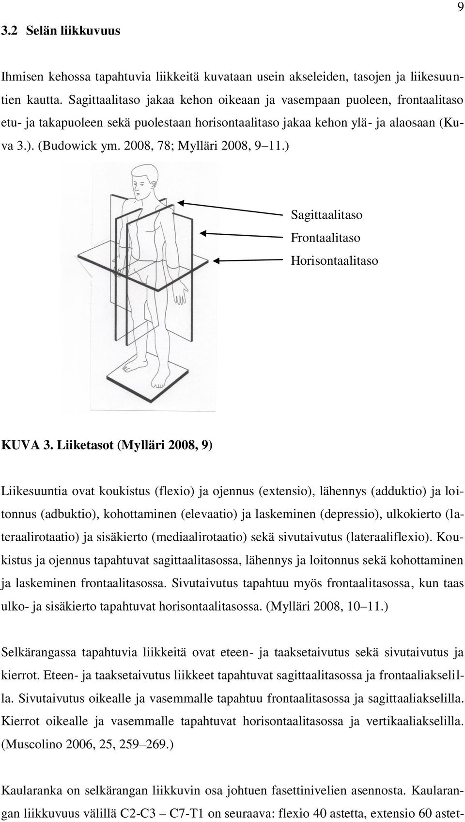 2008, 78; Mylläri 2008, 9 11.) Sagittaalitaso Frontaalitaso Horisontaalitaso KUVA 3.