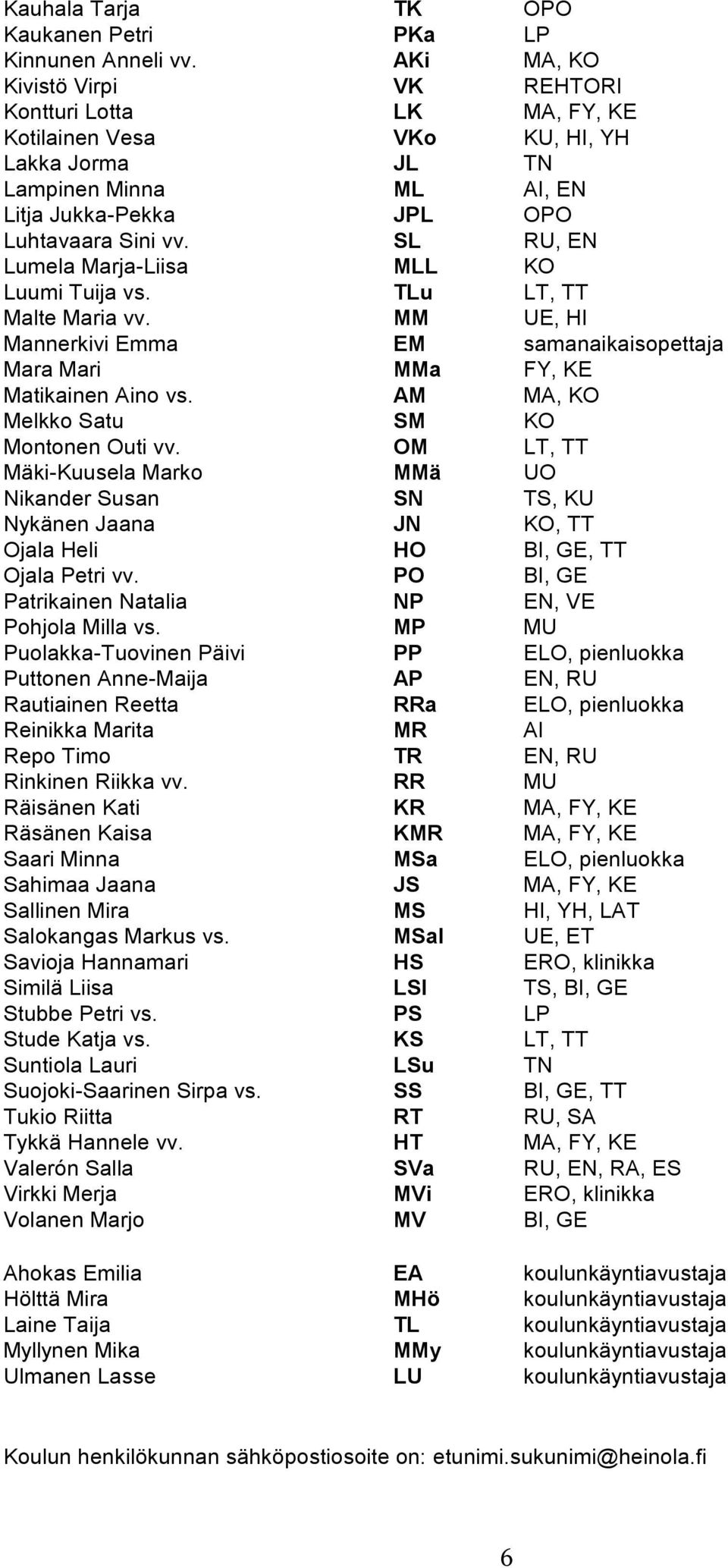 SL RU, EN Lumela Marja-Liisa MLL KO Luumi Tuija vs. TLu LT, TT Malte Maria vv. MM UE, HI Mannerkivi Emma EM samanaikaisopettaja Mara Mari MMa FY, KE Matikainen Aino vs.