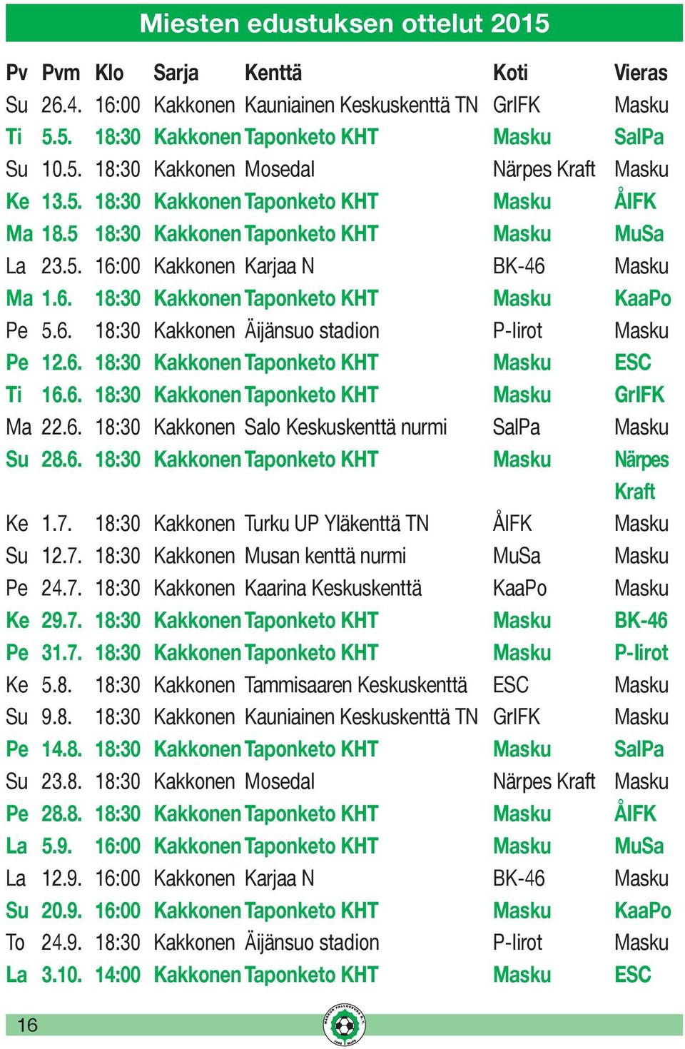 6. 18:30 Kakkonen Taponketo KHT Masku ESC Ti 16.6. 18:30 Kakkonen Taponketo KHT Masku GrIFK Ma 22.6. 18:30 Kakkonen Salo Keskuskenttä nurmi SalPa Masku Su 28.6. 18:30 Kakkonen Taponketo KHT Masku Närpes Kraft Ke 1.