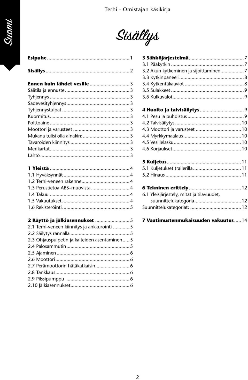 .. 4 1.4 Takuu... 4 1.5 Vakuutukset... 4 1.6 Rekisteröinti... 5 2 Käyttö ja jälkiasennukset... 5 2.1 Terhi-veneen kiinnitys ja ankkurointi... 5 2.2 Säilytys rannalla... 5 2.3 Ohjauspulpetin ja kaiteiden asentaminen.