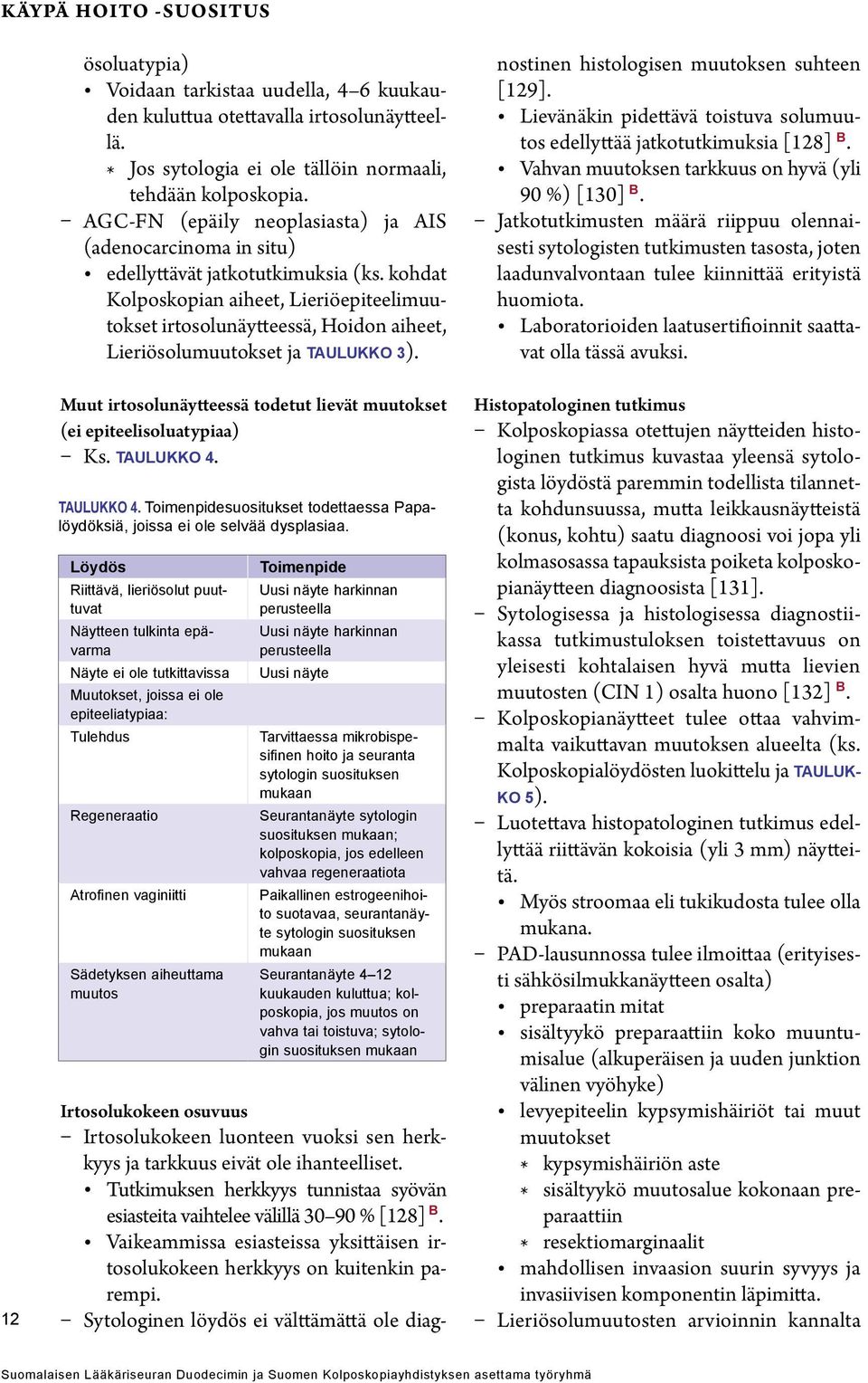 kohdat Kolposkopian aiheet, Lieriöepiteelimuutokset irtosolunäytteessä, Hoidon aiheet, Lieriösolumuutokset ja taulukko 3).