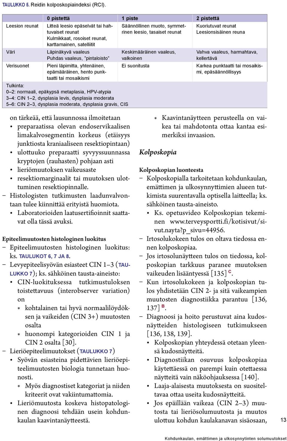 pintaloisto Pieni läpimitta, yhtenäinen, epämääräinen, hento punktaatti tai mosaikismi Tulkinta: 0 2: normaali, epäkypsä metaplasia, HPV-atypia 3 4: CIN 1 2, dysplasia levis, dysplasia moderata 5 6: