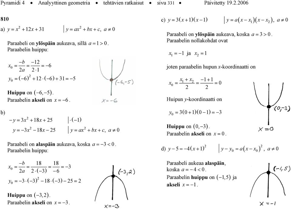 Prbelin nollkohdt ovt = j = joten prbelin hupun -koordintti on + + = = = Huipun y-koordintti on b) y = + 8+ 5 ( ) y = 8 5 y = + b + c, Prbeli on lspäin ukev,