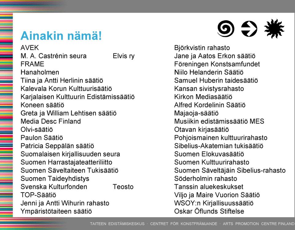 Castrénin seura Elvis ry Jane ja Aatos Erkon säätiö FRAME Föreningen Konstsamfundet Hanaholmen Niilo Helanderin Säätiö Tiina ja Antti Herlinin säätiö Samuel Huberin taidesäätiö Kalevala Korun