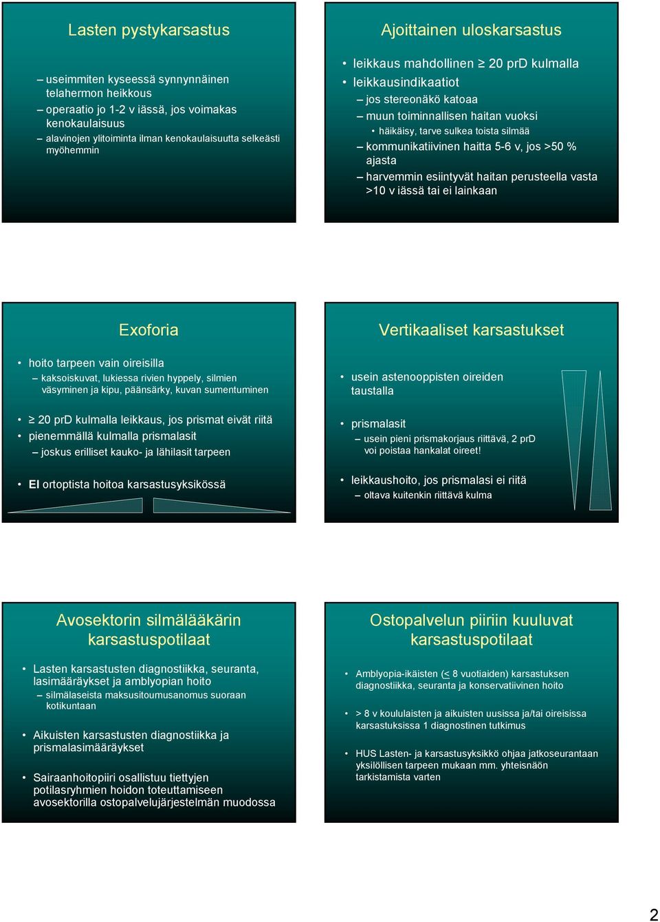 haitta 5-6 v, jos >50 % ajasta harvemmin esiintyvät haitan perusteella vasta >10 v iässä tai ei lainkaan Exoforia hoito tarpeen vain oireisilla kaksoiskuvat, lukiessa rivien hyppely, silmien