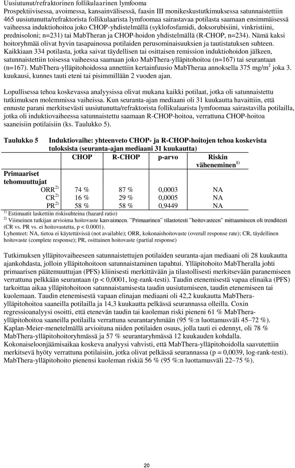 yhdistelmällä (R-CHOP, n=234). Nämä kaksi hoitoryhmää olivat hyvin tasapainossa potilaiden perusominaisuuksien ja tautistatuksen suhteen.