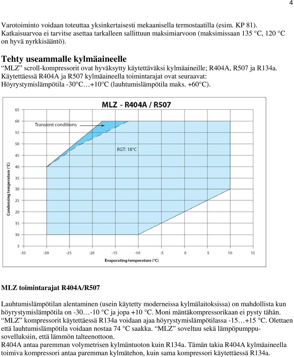 Tehty useammalle kylmäaineelle MLZ scroll-kompressorit ovat hyväksytty käytettäväksi kylmäaineille; R404A, R507 ja R134a.