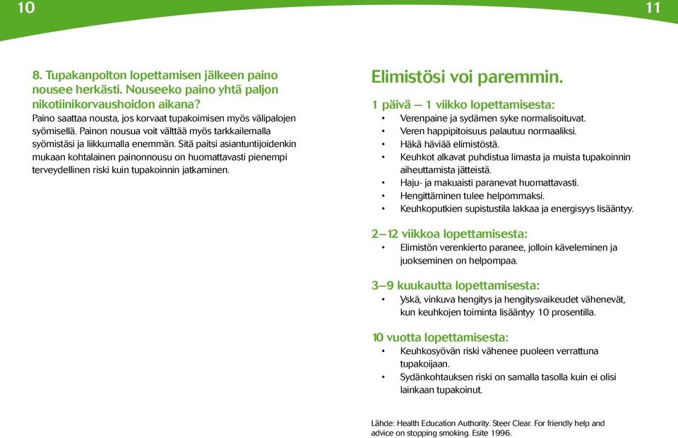 Sitä paitsi asiantuntijoidenkin mukaan kohtalainen painonnousu on huomattavasti pienempi terveydellinen riski kuin tupakoinnin jatkaminen. Elimistösi voi paremmin.