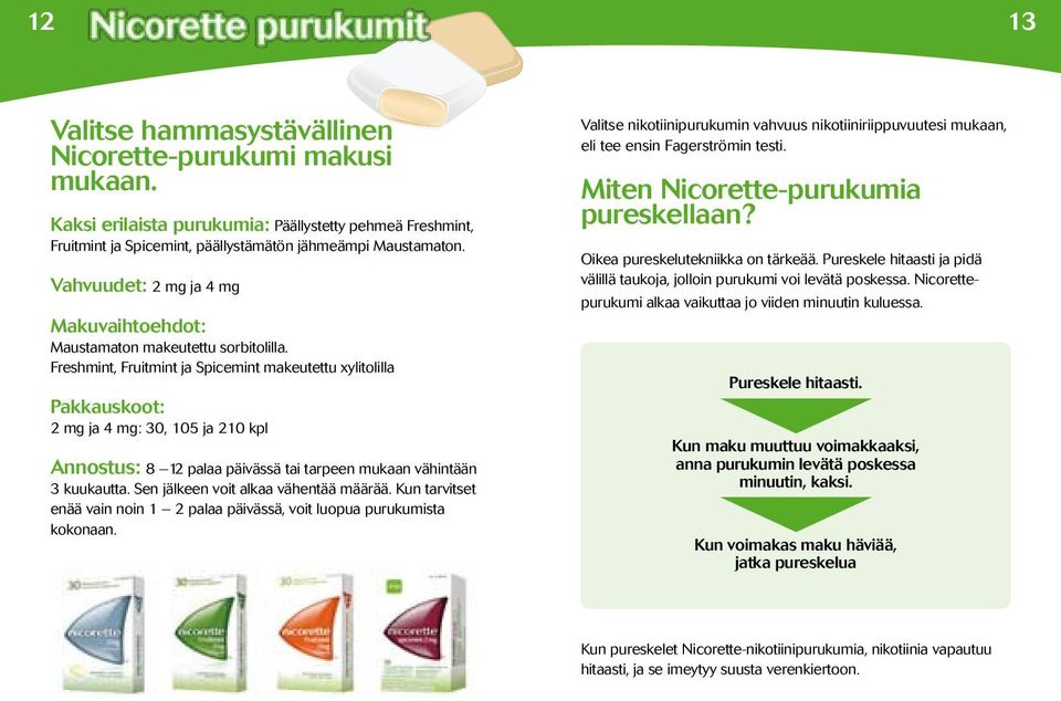 Freshmint, Fruitmint ja Spicemint makeutettu xylitolilla Pakkauskoot: 2 mg ja 4 mg: 30, 105 ja 210 kpl Annostus: 8 12 palaa päivässä tai tarpeen mukaan vähintään 3 kuukautta.