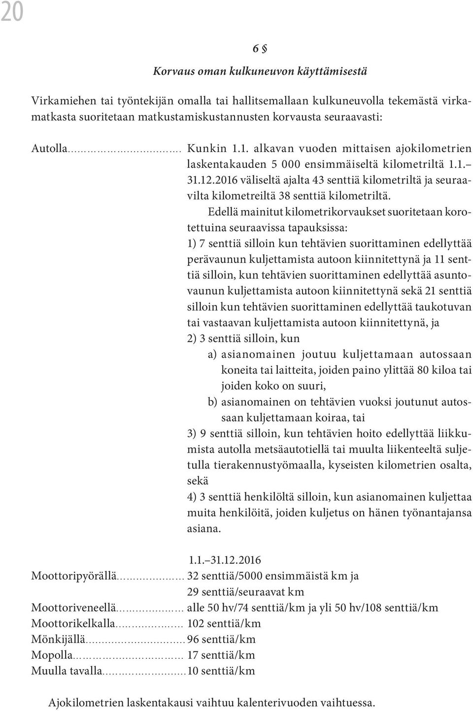 2016 väliseltä ajalta 43 senttiä kilometriltä ja seuraavilta kilometreiltä 38 senttiä kilometriltä.