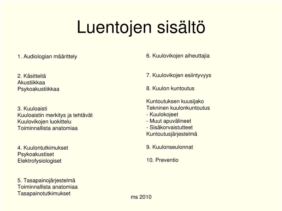 Kuulontutkimukset Psykoakustiset Elektrofysiologiset 7. Kuulovikojen esiintyvyys 8.