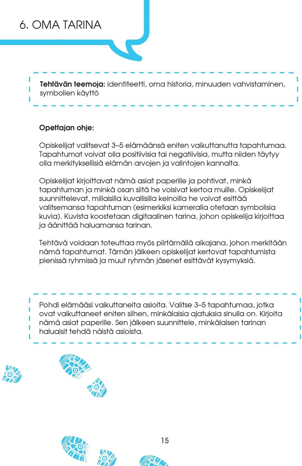 Opiskelijat kirjoittavat nämä asiat paperille ja pohtivat, minkä tapahtuman ja minkä osan siitä he voisivat kertoa muille.