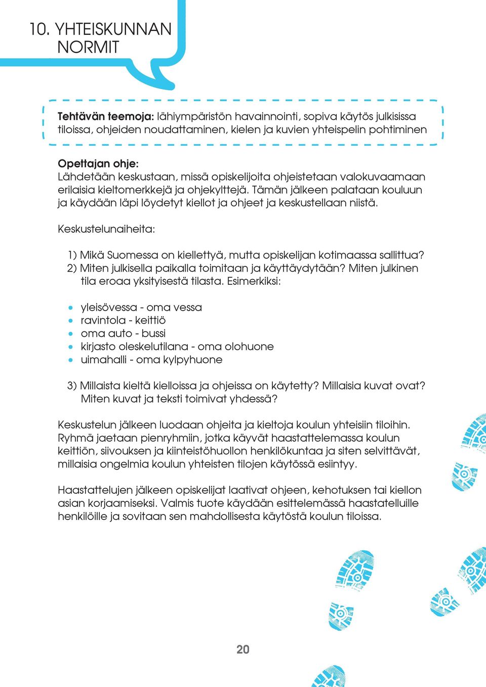 Keskustelunaiheita: 1) Mikä Suomessa on kiellettyä, mutta opiskelijan kotimaassa sallittua? 2) Miten julkisella paikalla toimitaan ja käyttäydytään? Miten julkinen tila eroaa yksityisestä tilasta.