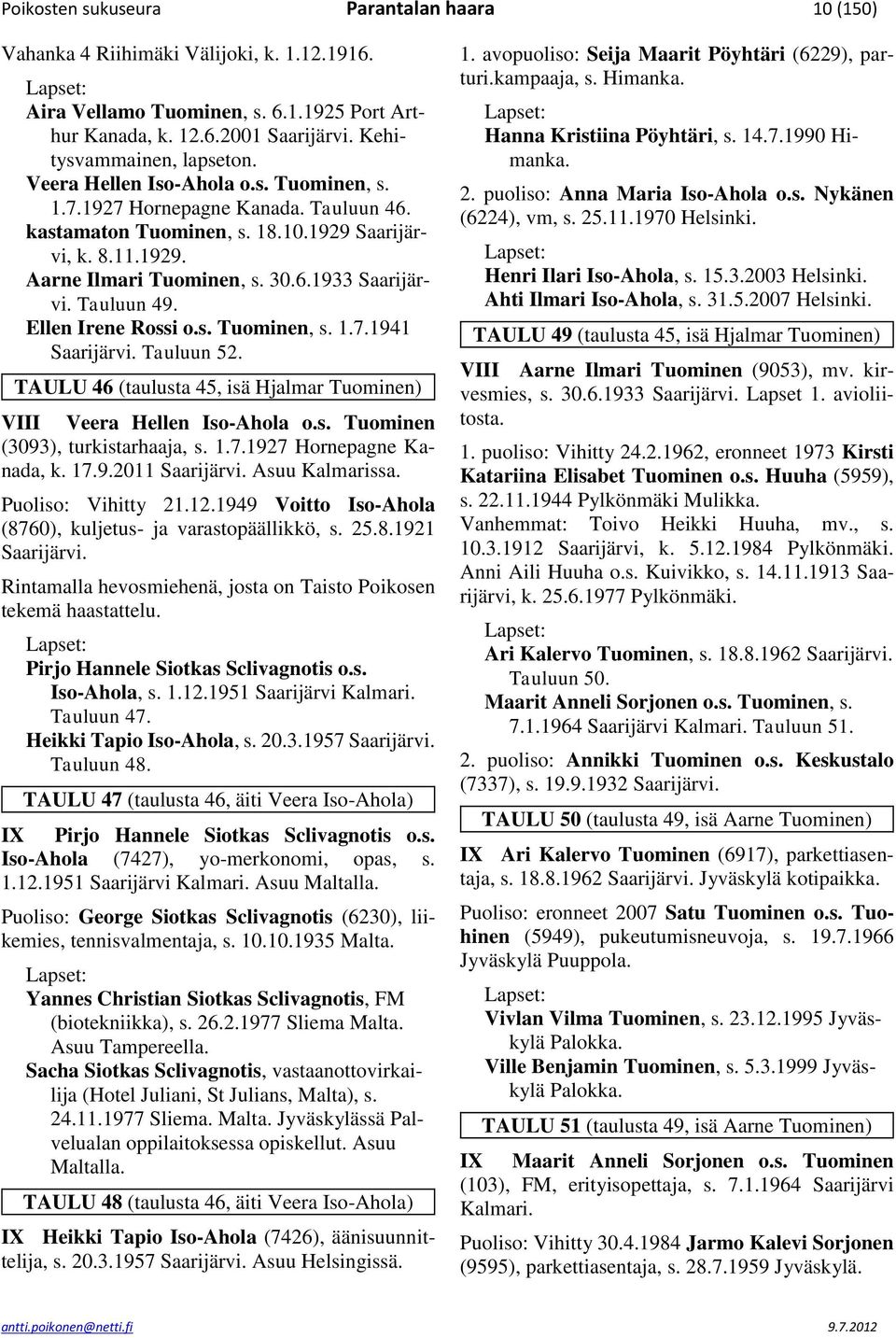 Tauluun 49. Ellen Irene Rossi o.s. Tuominen, s. 1.7.1941 Saarijärvi. Tauluun 52. TAULU 46 (taulusta 45, isä Hjalmar Tuominen) VIII Veera Hellen Iso-Ahola o.s. Tuominen (3093), turkistarhaaja, s. 1.7.1927 Hornepagne Kanada, k.