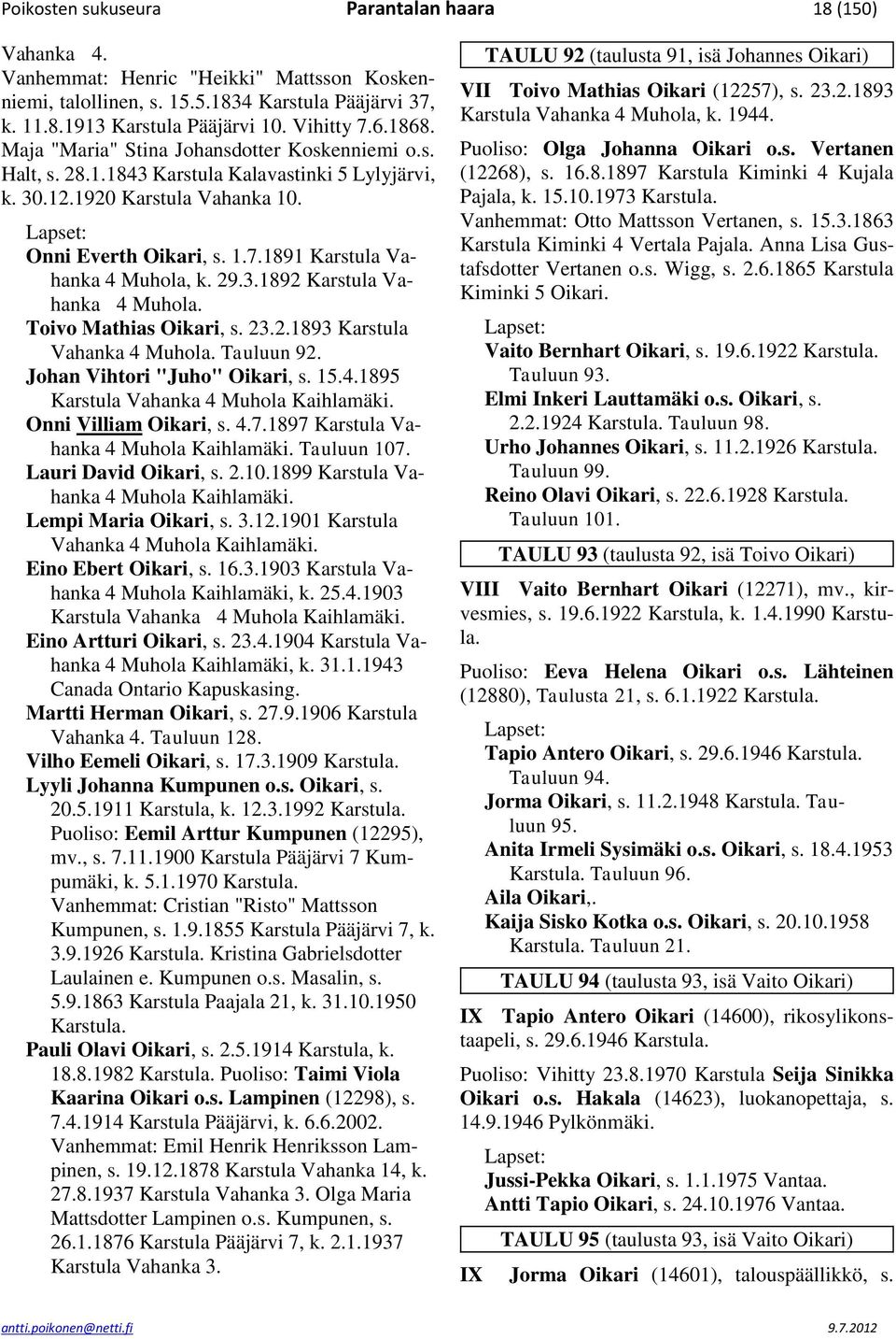 1891 Karstula Vahanka 4 Muhola, k. 29.3.1892 Karstula Vahanka 4 Muhola. Toivo Mathias Oikari, s. 23.2.1893 Karstula Vahanka 4 Muhola. Tauluun 92. Johan Vihtori "Juho" Oikari, s. 15.4.1895 Karstula Vahanka 4 Muhola Kaihlamäki.