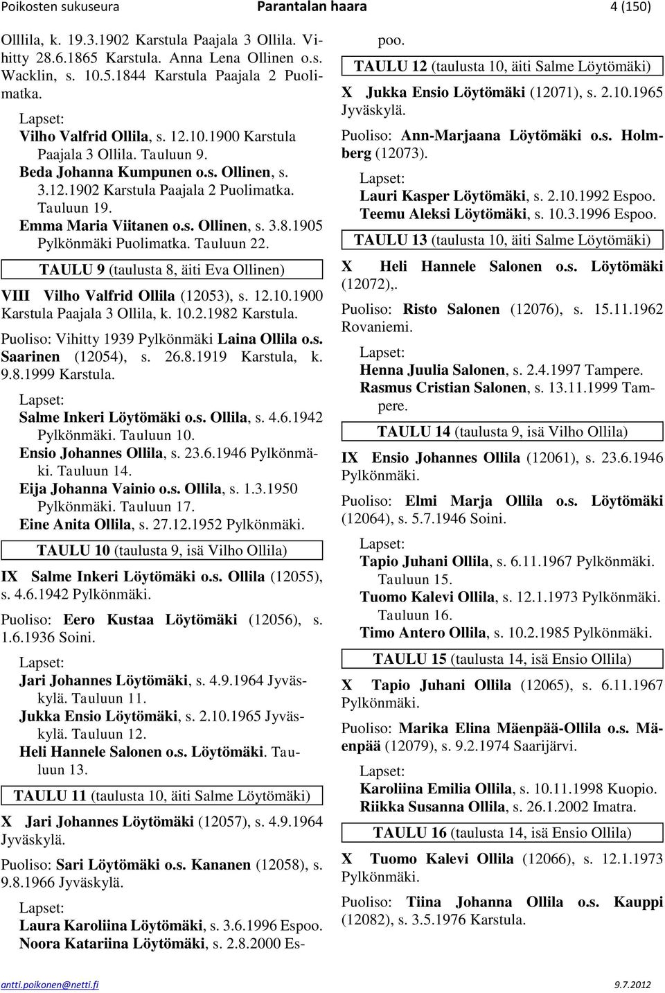 1905 Pylkönmäki Puolimatka. Tauluun 22. TAULU 9 (taulusta 8, äiti Eva Ollinen) VIII Vilho Valfrid Ollila (12053), s. 12.10.1900 Karstula Paajala 3 Ollila, k. 10.2.1982 Karstula.