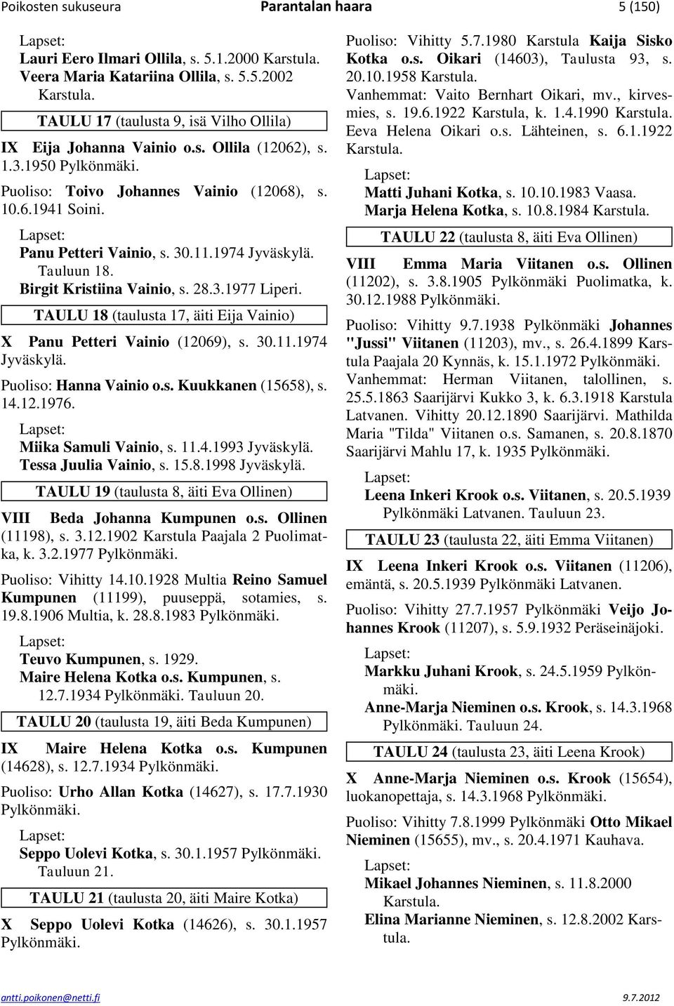 1974 Jyväskylä. Tauluun 18. Birgit Kristiina Vainio, s. 28.3.1977 Liperi. TAULU 18 (taulusta 17, äiti Eija Vainio) X Panu Petteri Vainio (12069), s. 30.11.1974 Jyväskylä. Puoliso: Hanna Vainio o.s. Kuukkanen (15658), s.