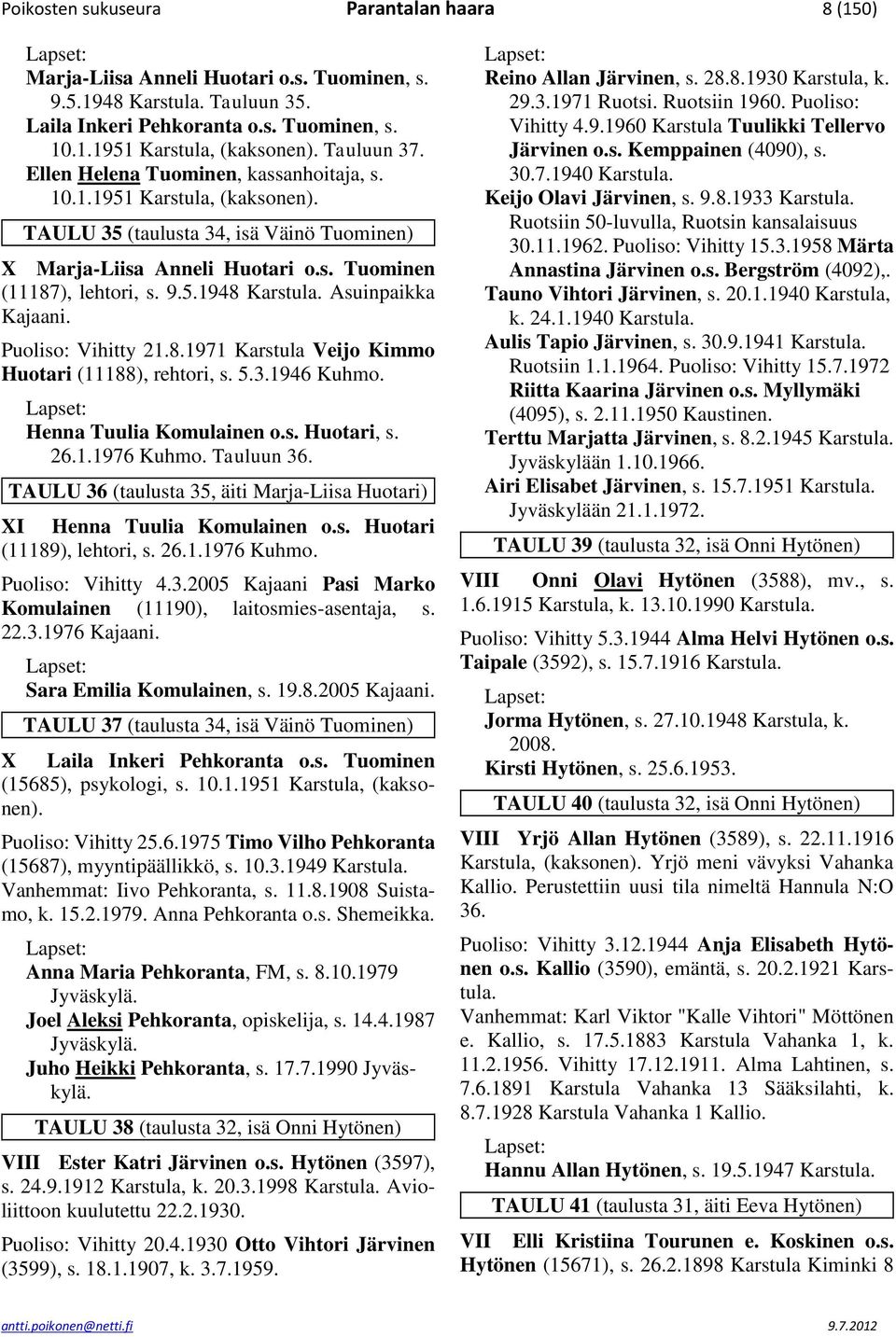 Asuinpaikka Kajaani. Puoliso: Vihitty 21.8.1971 Karstula Veijo Kimmo Huotari (11188), rehtori, s. 5.3.1946 Kuhmo. Henna Tuulia Komulainen o.s. Huotari, s. 26.1.1976 Kuhmo. Tauluun 36.