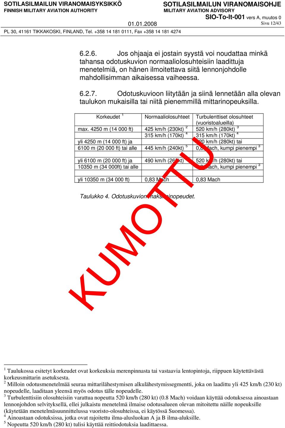 6.2.7. Odotuskuvioon liitytään ja siinä lennetään alla olevan taulukon mukaisilla tai niitä pienemmillä mittarinopeuksilla.