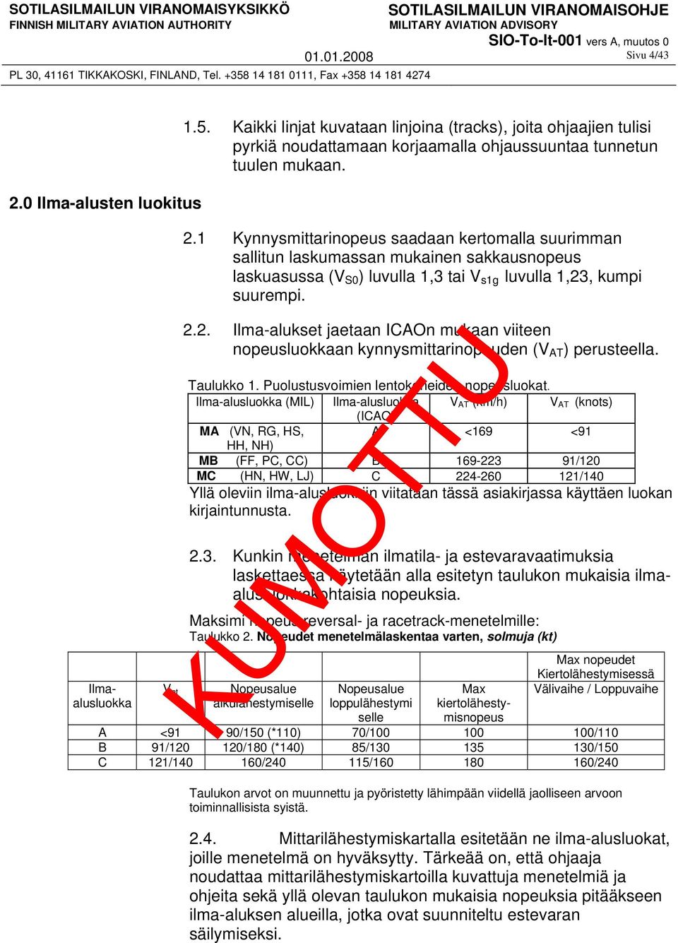 Ilma-alusluokka (MIL) Ilma-alusluokka V AT (km/h) V AT (knots) (ICAO) MA (VN, RG, HS, A <169 <91 HH, NH) MB (FF, PC, CC) B 169-223 91/120 MC (HN, HW, LJ) C 224-260 121/140 Yllä oleviin