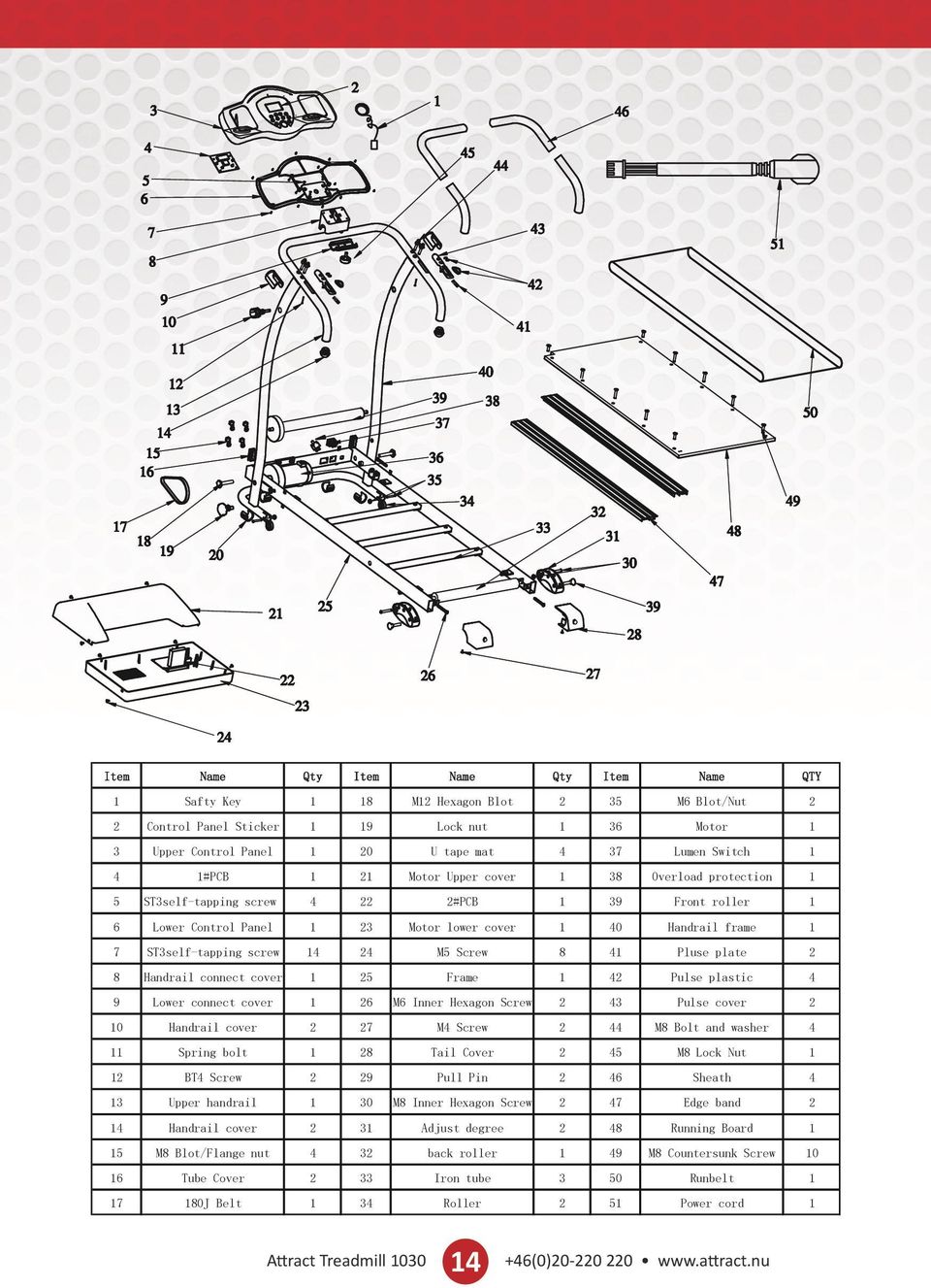 connect cover 5 Frame 4 Pulse plastic 4 9 Lower connect cover 6 M6 Inner Hexagon Screw 43 Pulse cover 0 Handrail cover 7 M4 Screw 44 M8 Bolt and washer 4 Spring bolt 8 Tail Cover 45 M8 Lock Nut BT4