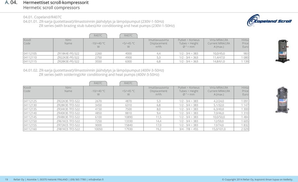 01. ZR-sarja (juotettavat)/ilmastoinnin jäähdytys ja lämpöpumput (230V-1-50Hz) ZR series (with brazing stub tubes)/air conditioning and heat pumps (230V-1-50Hz) R407C -10/+40 C R407C +5/+45 C