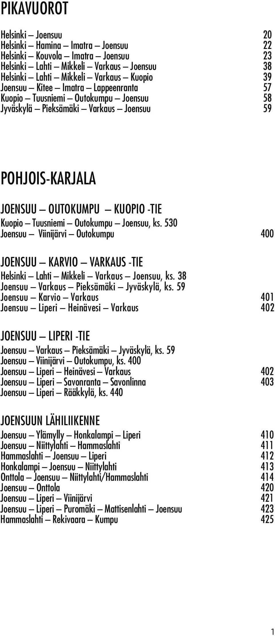 530 Joensuu Viinijärvi Outokumpu 400 JOENSUU KARVIO VARKAUS -TIE Hel sinki Lahti Mikkeli Varkaus Joensuu, ks. 38 Joensuu Varkaus Pieksämäki Jyväskylä, ks.