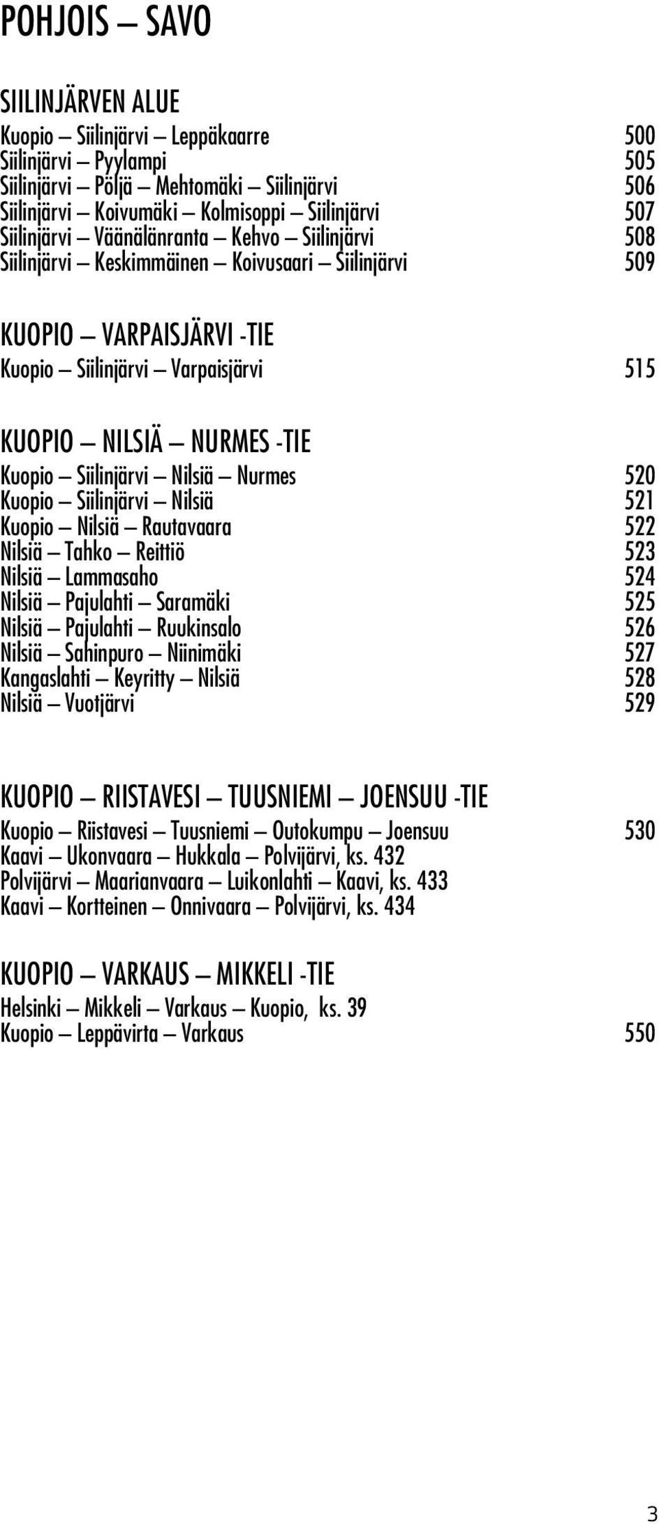 Nilsiä Nurmes 520 Kuopio Siilinjärvi Nilsiä 521 Kuopio Nilsiä Rautavaara 522 Nilsiä Tahko Reittiö 523 Nilsiä Lammasaho 524 Nilsiä Pajulahti Saramäki 525 Nilsiä Pajulahti Ruukinsalo 526 Nilsiä