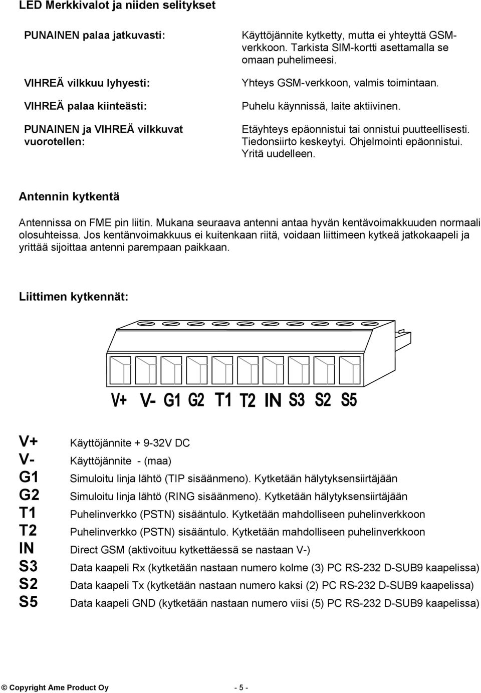 Tiedonsiirto keskeytyi. Ohjelmointi epäonnistui. Yritä uudelleen. Antennin kytkentä Antennissa on FME pin liitin. Mukana seuraava antenni antaa hyvän kentävoimakkuuden normaali olosuhteissa.