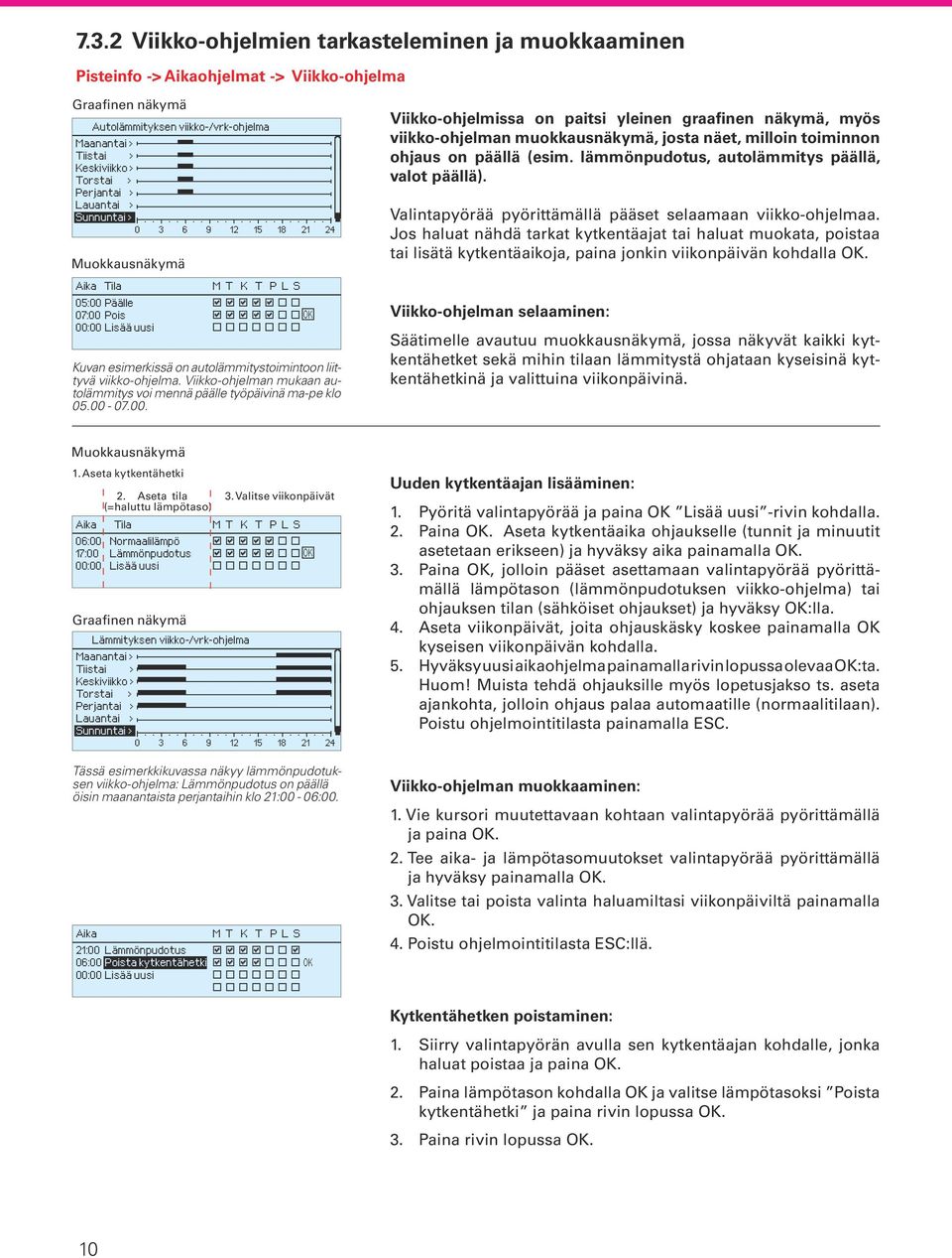 ohjaus on päällä (esim. lämmönpudotus, autolämmitys päällä, valot päällä). Valintapyörää pyörittämällä pääset selaamaan viikko-ohjelmaa.