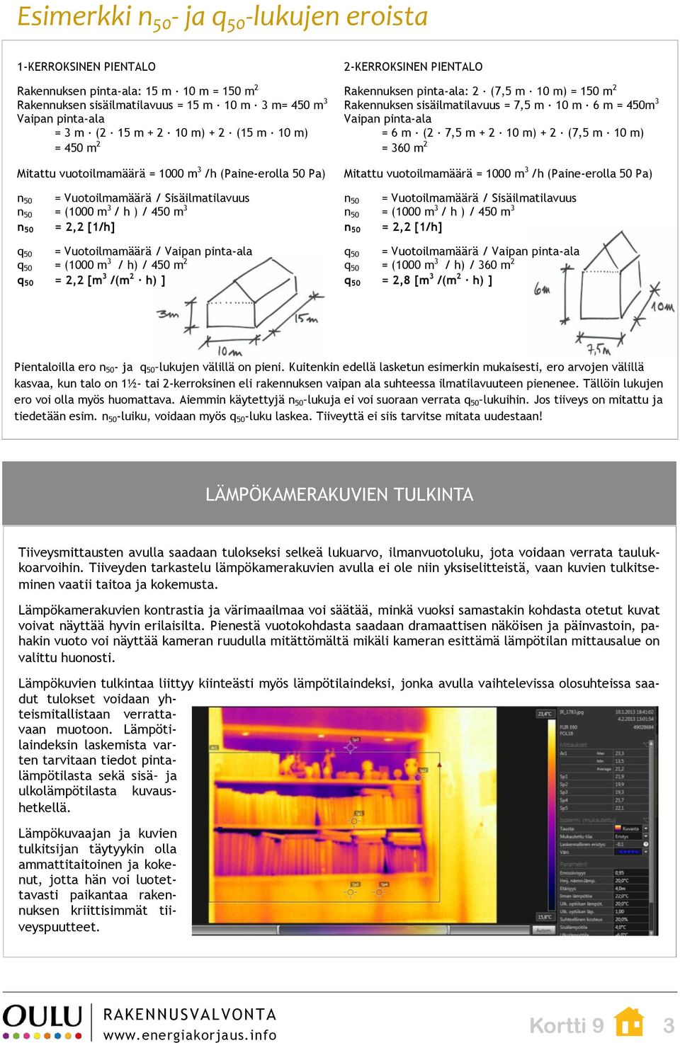 / Vaipan pinta-ala q 50 = (1000 m 3 / h) / 450 m 2 q 50 = 2,2 [m 3 /(m 2 h) ] 2-KERROKSINEN PIENTALO Rakennuksen pinta-ala: 2 (7,5 m 10 m) = 150 m 2 Rakennuksen sisäilmatilavuus = 7,5 m 10 m 6 m =