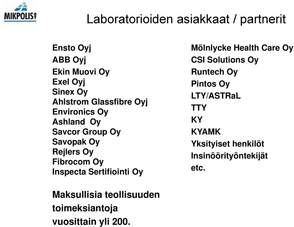 Sertifiointi Oy Mölnlycke Health Care Oy CSI Solutions Oy Runtech Oy Pintos Oy LTY/ASTRaL TTY KY