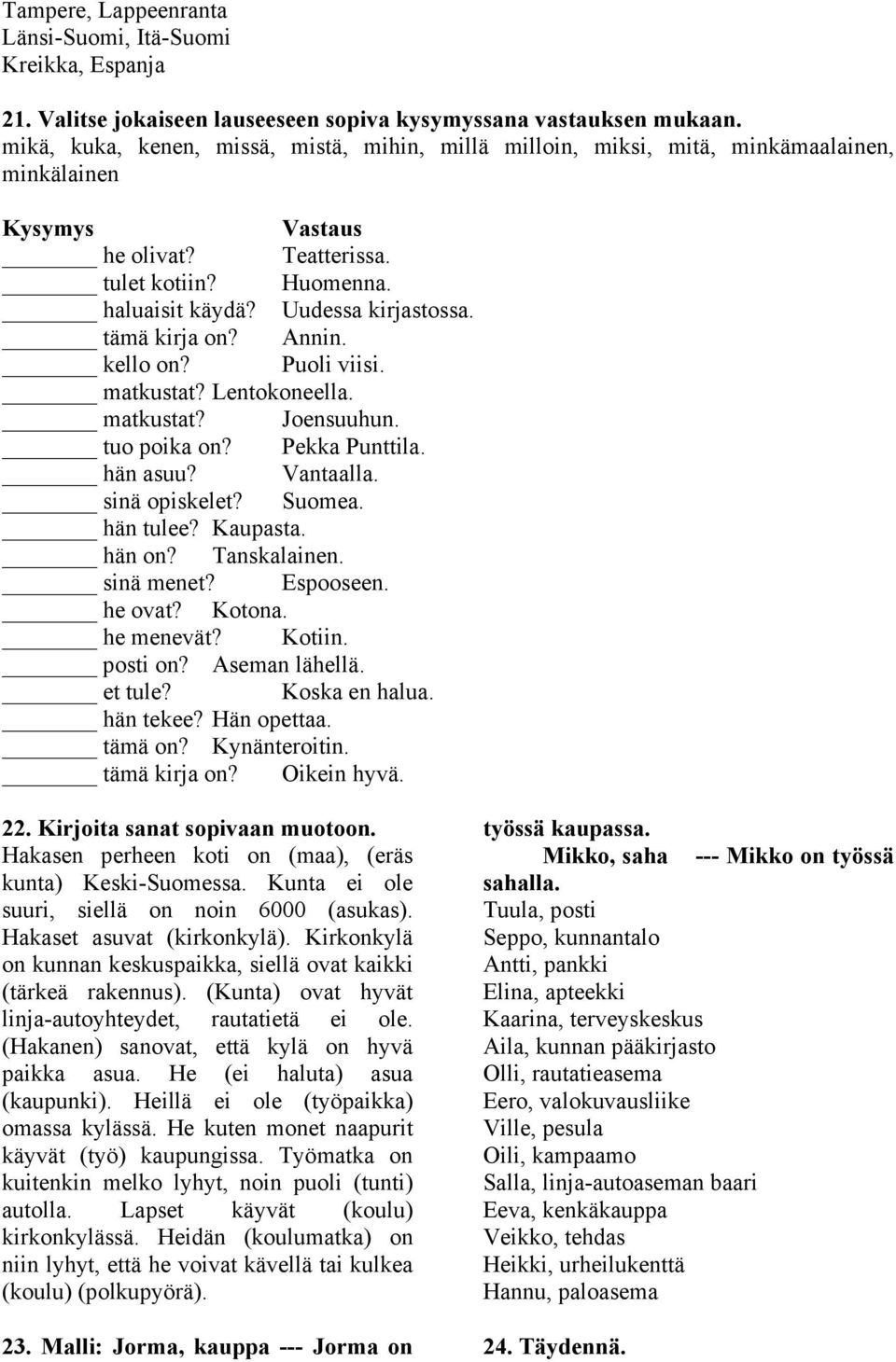 tämä kirja on? Annin. kello on? Puoli viisi. matkustat? Lentokoneella. matkustat? Joensuuhun. tuo poika on? Pekka Punttila. hän asuu? Vantaalla. sinä opiskelet? Suomea. hän tulee? Kaupasta. hän on?