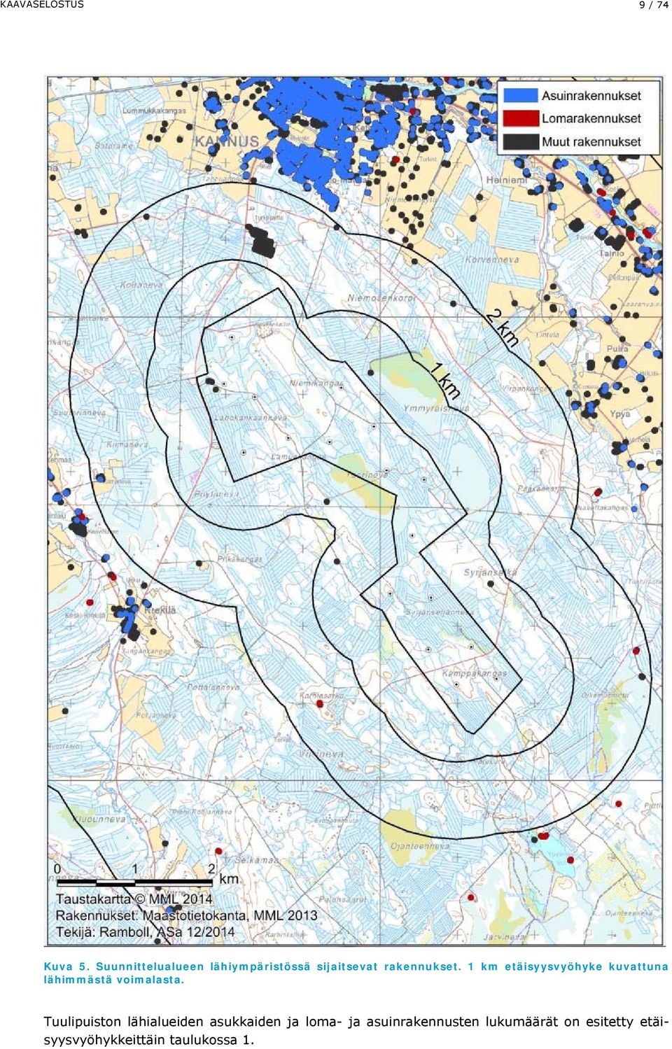 Etäisyys lähimpään Asukkaita Asuinrakennuksia Loma-asuntoja tuulivoimalaan 0-1 km 0 0 0 1-2 km 5 1 2 2-5 km 4016 1307 28 Lähin asuinrakennus sijaitsee Kiimanevalla hankealueen länsipuolella noin 1,9