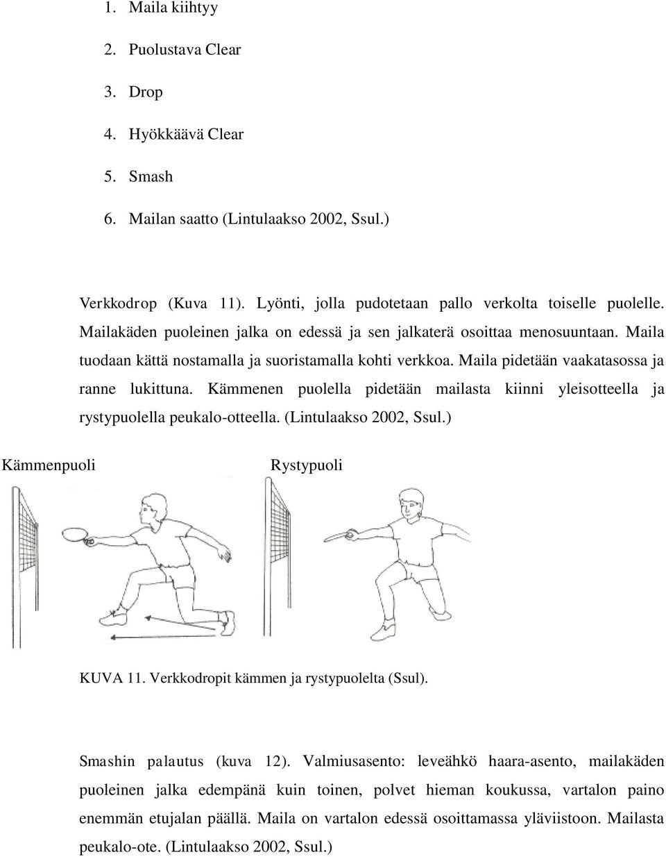 Kämmenen puolella pidetään mailasta kiinni yleisotteella ja rystypuolella peukalo-otteella. (Lintulaakso 2002, Ssul.) Kämmenpuoli Rystypuoli KUVA 11. Verkkodropit kämmen ja rystypuolelta (Ssul).