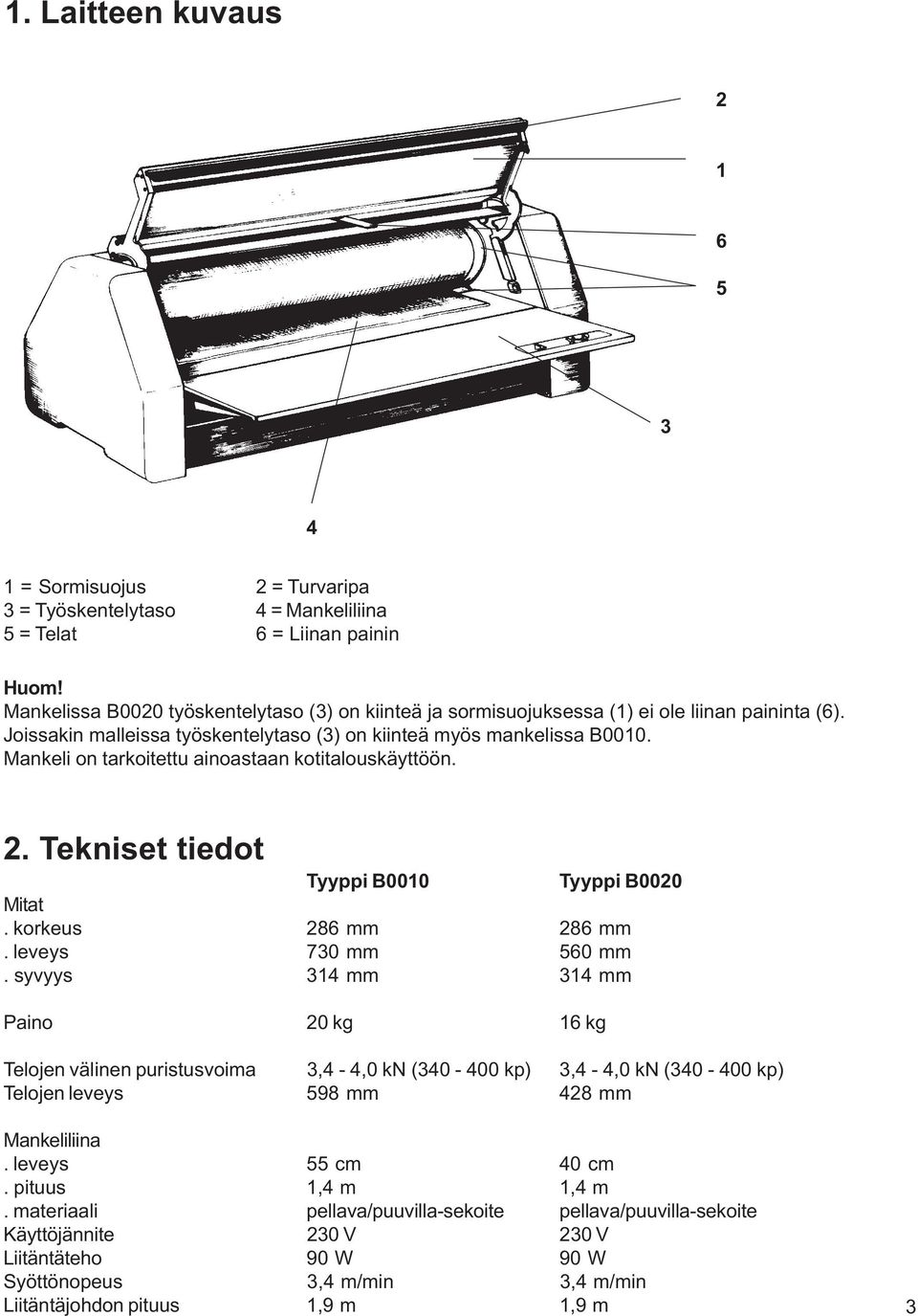 Mankeli on tarkoitettu ainoastaan kotitalouskäyttöön. 2. Tekniset tiedot Tyyppi B0010 Tyyppi B0020 Mitat. korkeus 286 mm 286 mm. leveys 730 mm 560 mm.