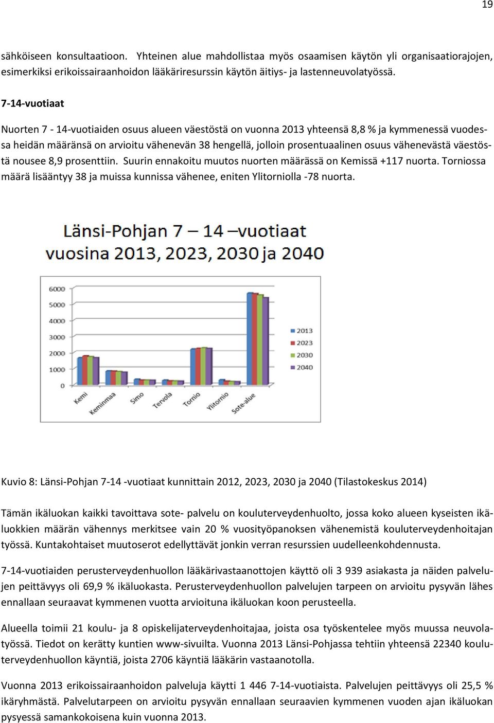 vähenevästä väestöstä nousee 8,9 prosenttiin. Suurin ennakoitu muutos nuorten määrässä on Kemissä +117 nuorta. Torniossa määrä lisääntyy 38 ja muissa kunnissa vähenee, eniten Ylitorniolla -78 nuorta.