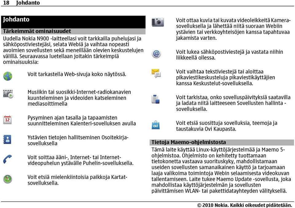 Musiikin tai suosikki-internet-radiokanavien kuunteleminen ja videoiden katseleminen mediasoittimella Pysyminen ajan tasalla ja tapaamisten suunnitteleminen Kalenteri-sovelluksen avulla Ystävien