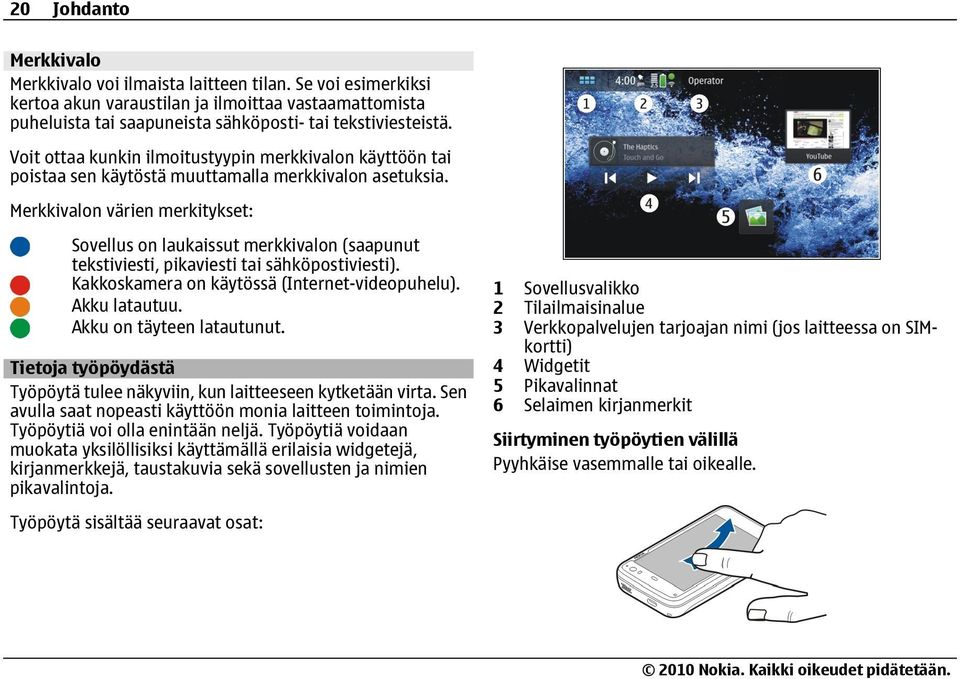 Merkkivalon värien merkitykset: Sovellus on laukaissut merkkivalon (saapunut tekstiviesti, pikaviesti tai sähköpostiviesti). Kakkoskamera on käytössä (Internet-videopuhelu). Akku latautuu.