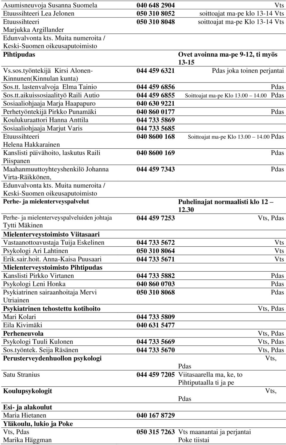 tt. lastenvalvoja Elma Tainio 044 459 6856 Sos.tt.aikuissosiaalityö Raili Autio 044 459 6855 Soittoajat ma-pe Klo 13.00 14.